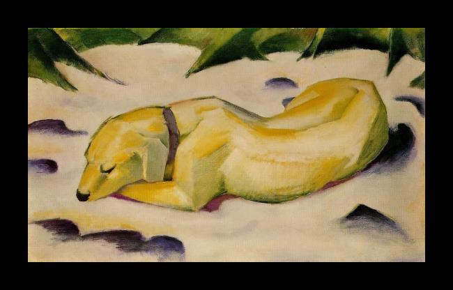 Framed Franz Marc dog lying in the snow painting