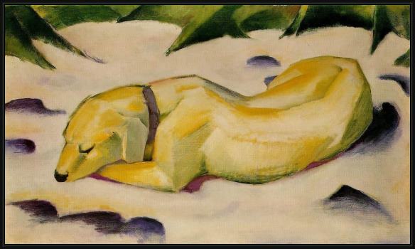 Framed Franz Marc dog lying in the snow painting