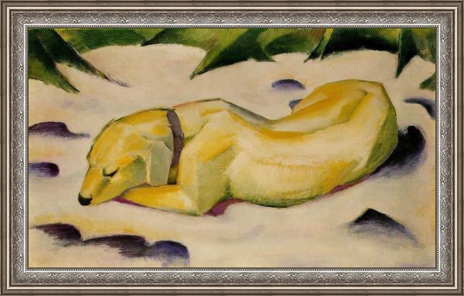 Framed Franz Marc dog lying in the snow painting