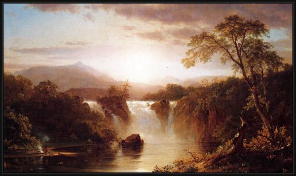Framed Frederic Edwin Church landscape with waterfall painting