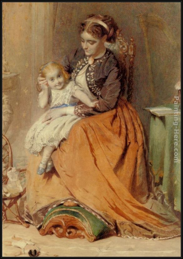 Framed George Elgar Hicks a girl listening to the ticking of a pocket watch while sitting on her mothers lap painting