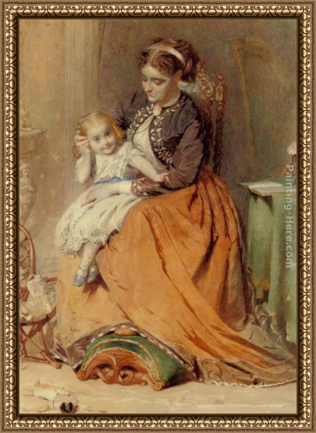 Framed George Elgar Hicks a girl listening to the ticking of a pocket watch while sitting on her mothers lap painting