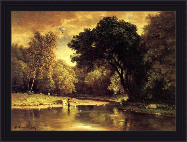 Framed George Inness fisherman in a stream painting