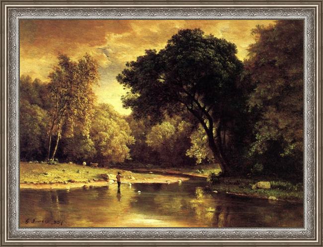 Framed George Inness fisherman in a stream painting