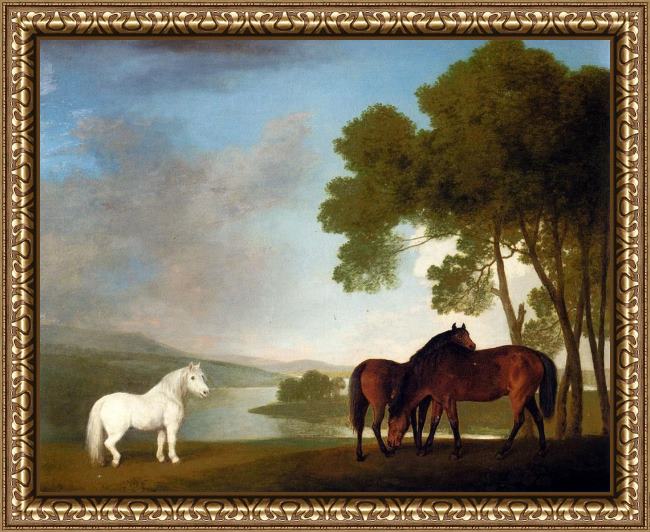 Framed George Stubbs two bay mares and a grey pony in a landscape painting