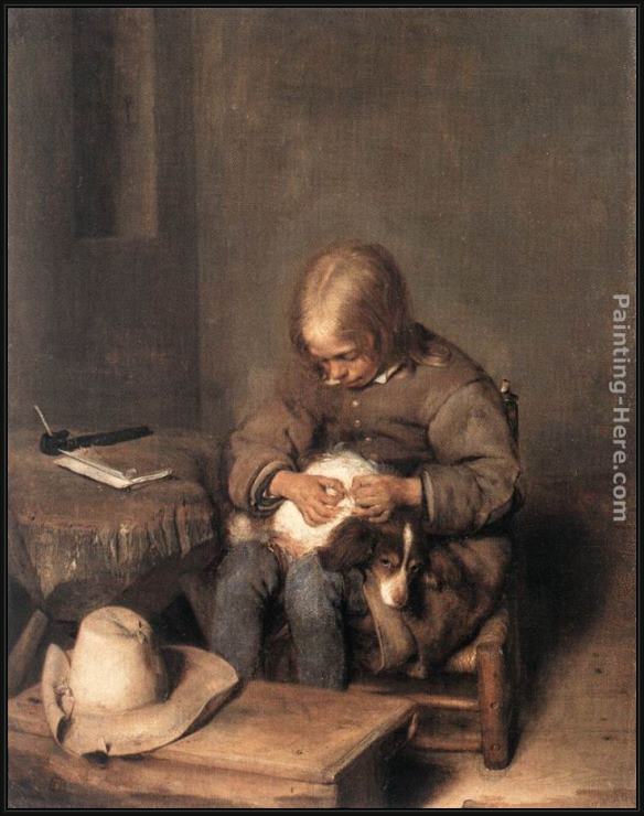 Framed Gerard ter Borch boy ridding his dog of fleas painting