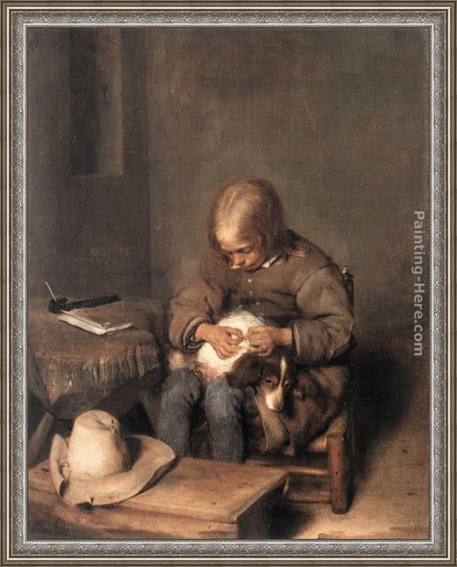 Framed Gerard ter Borch boy ridding his dog of fleas painting