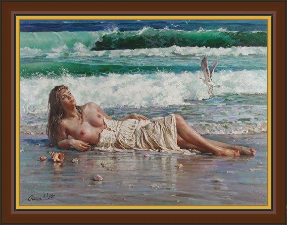 Framed Guan zeju nude on the beach painting