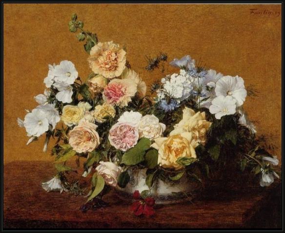 Framed Henri Fantin-Latour bouquet of roses and other flowers painting