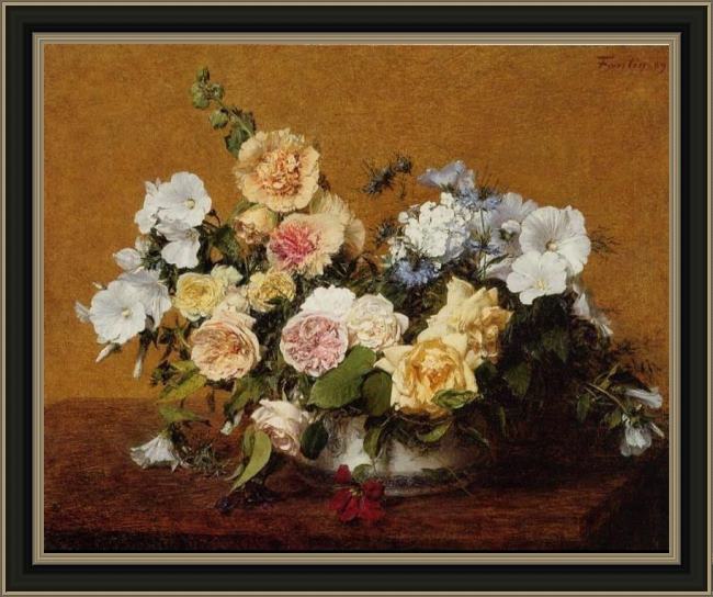 Framed Henri Fantin-Latour bouquet of roses and other flowers painting