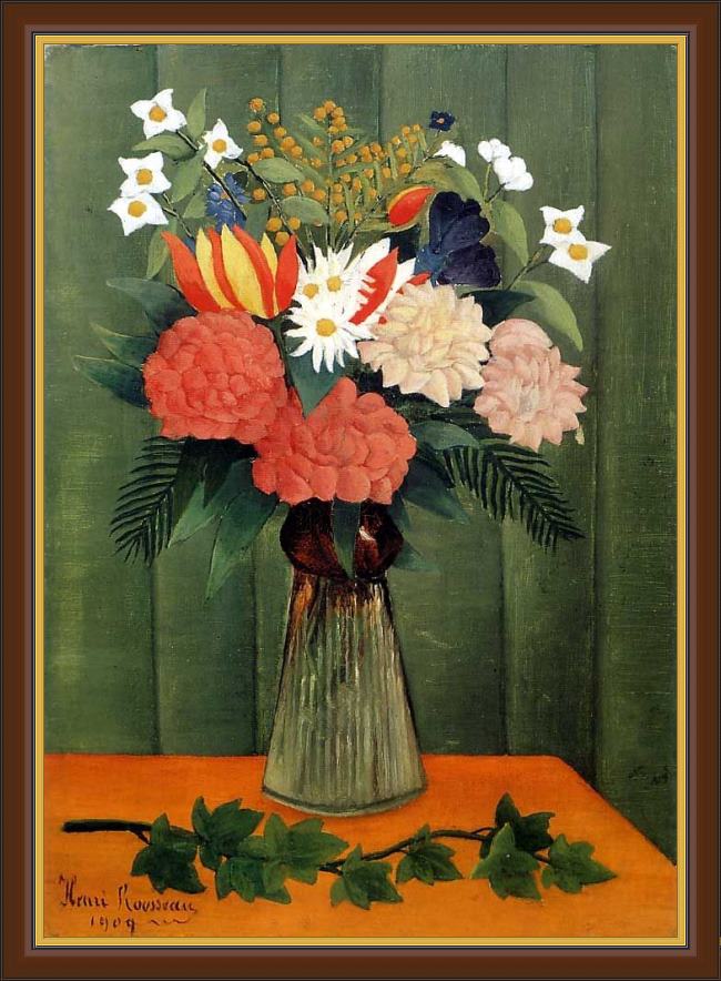 Framed Henri Rousseau bouquet of flowers with an ivy branch painting