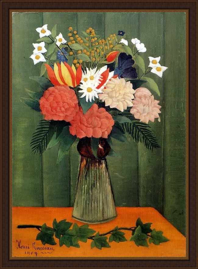 Framed Henri Rousseau bouquet of flowers with an ivy branch painting