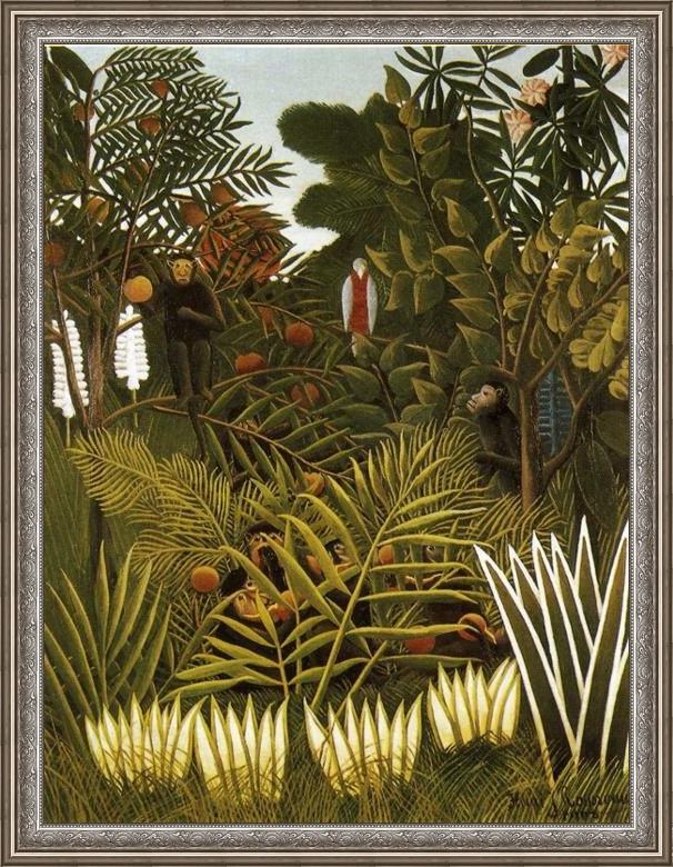 Framed Henri Rousseau exotic landscape painting