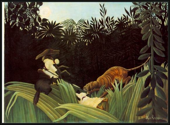 Framed Henri Rousseau scout attacked by a tiger painting