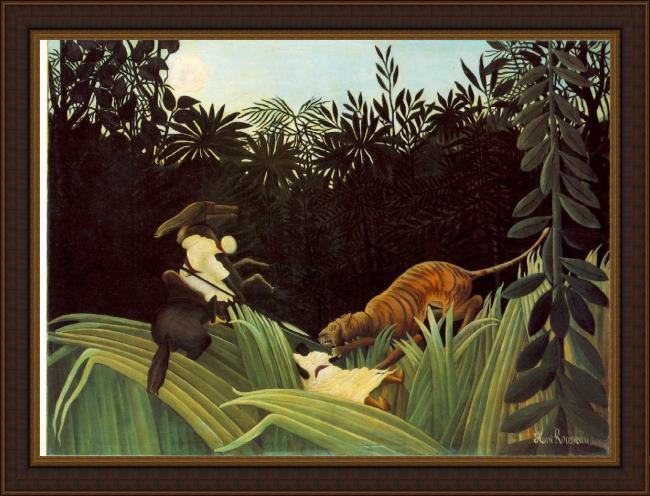 Framed Henri Rousseau scout attacked by a tiger painting