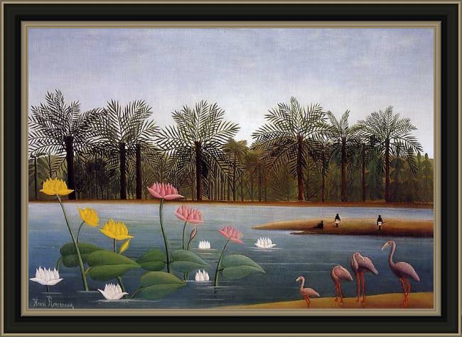 Framed Henri Rousseau the flamingos painting