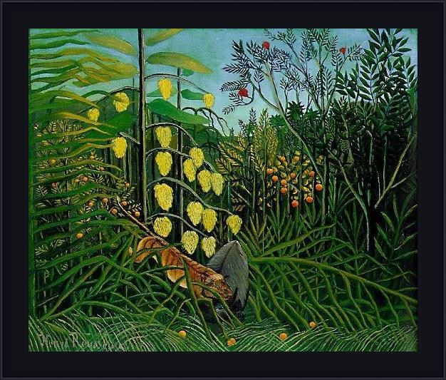 Framed Henri Rousseau the jungle - tiger attacking a buffalo painting