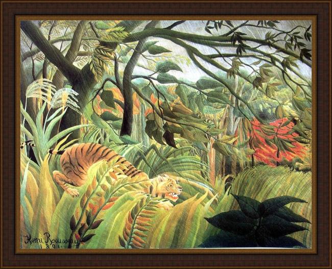 Framed Henri Rousseau tiger in a tropical storm painting