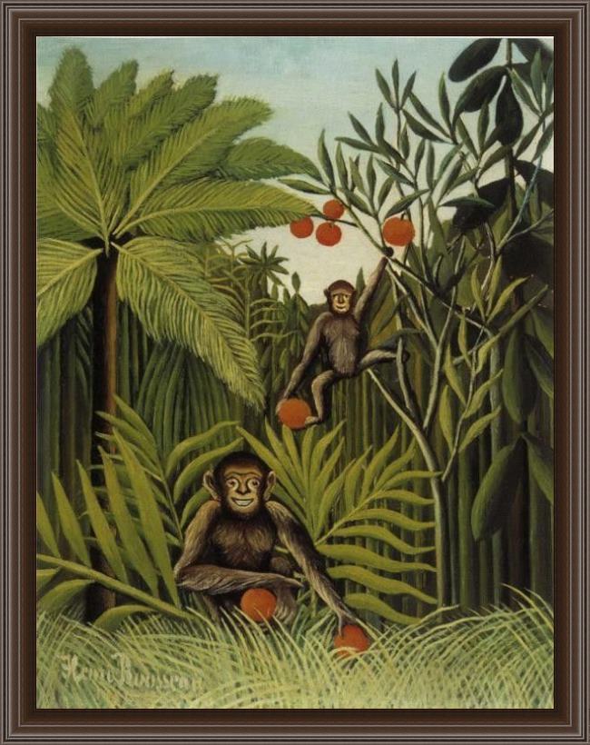 Framed Henri Rousseau two monkeys in the jungle painting