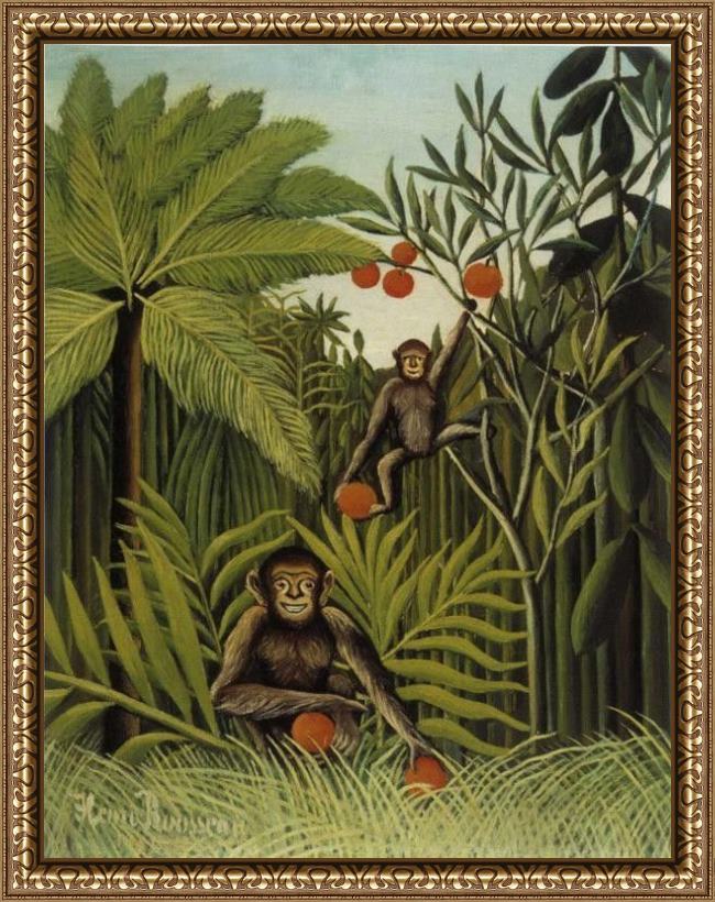 Framed Henri Rousseau two monkeys in the jungle painting