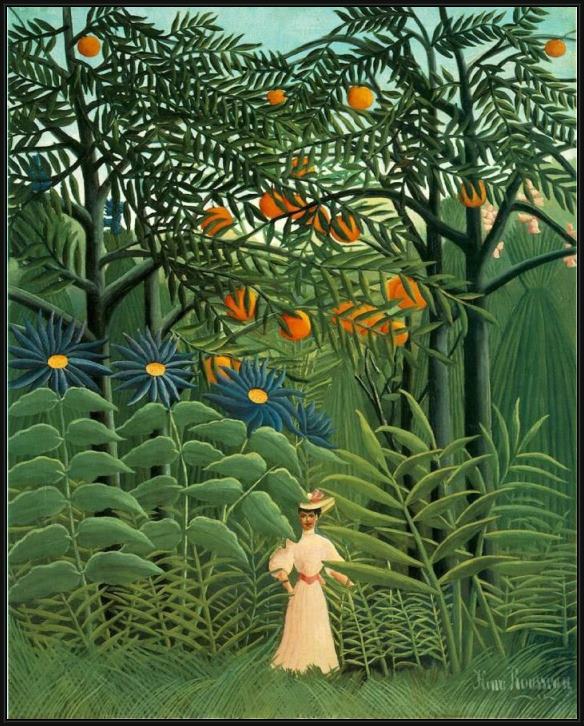 Framed Henri Rousseau woman walking in an exotic forest painting