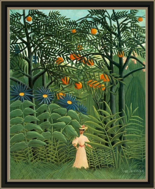 Framed Henri Rousseau woman walking in an exotic forest painting