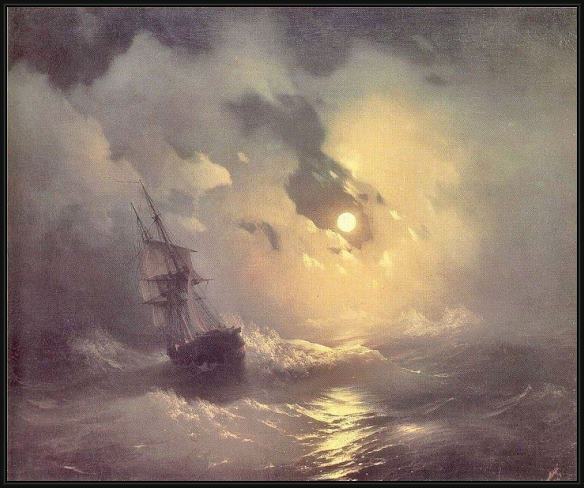 Framed Ivan Constantinovich Aivazovsky storm in the sea at night painting