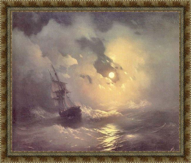 Framed Ivan Constantinovich Aivazovsky storm in the sea at night painting