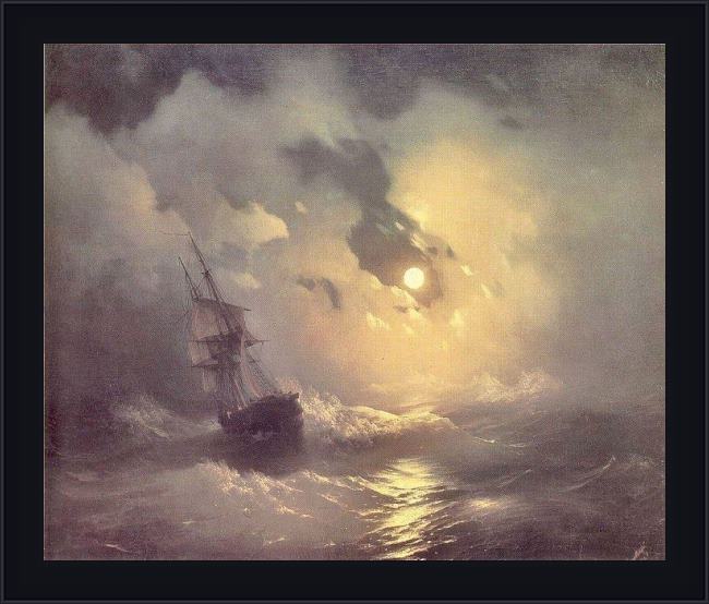 Framed Ivan Constantinovich Aivazovsky storm in the sea at night painting