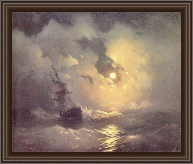 Framed Ivan Constantinovich Aivazovsky storm in the sea at night painting