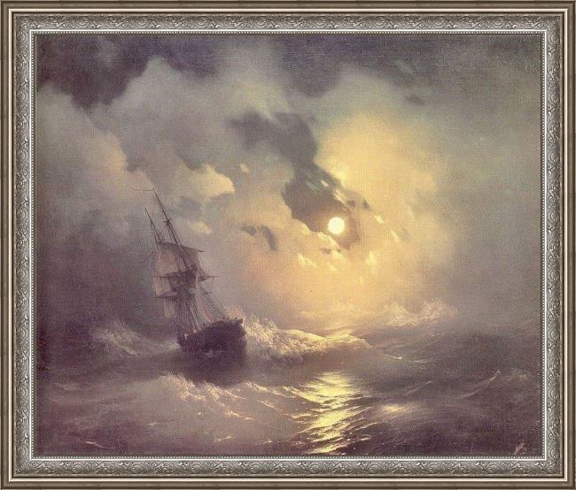 Framed Ivan Constantinovich Aivazovsky storm in the sea at night painting