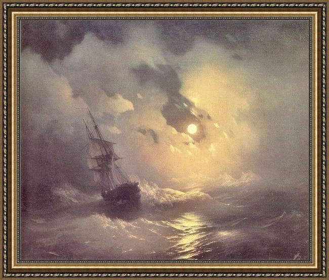 Framed Ivan Constantinovich Aivazovsky storm in the sea at night painting