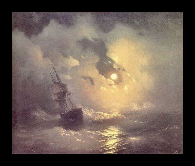 Framed Ivan Constantinovich Aivazovsky storm in the sea at night painting