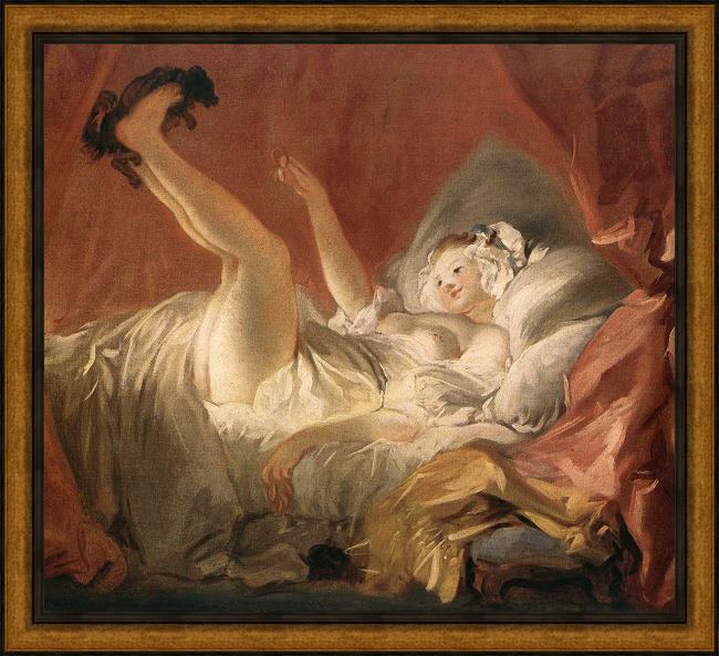 Framed Jean-Honore Fragonard young woman playing with a dog painting
