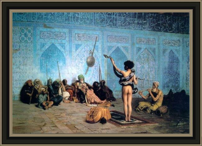 Framed Jean-Leon Gerome the serpent charmer painting