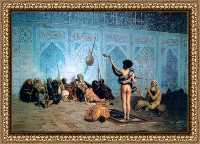 Framed Jean-Leon Gerome the serpent charmer painting