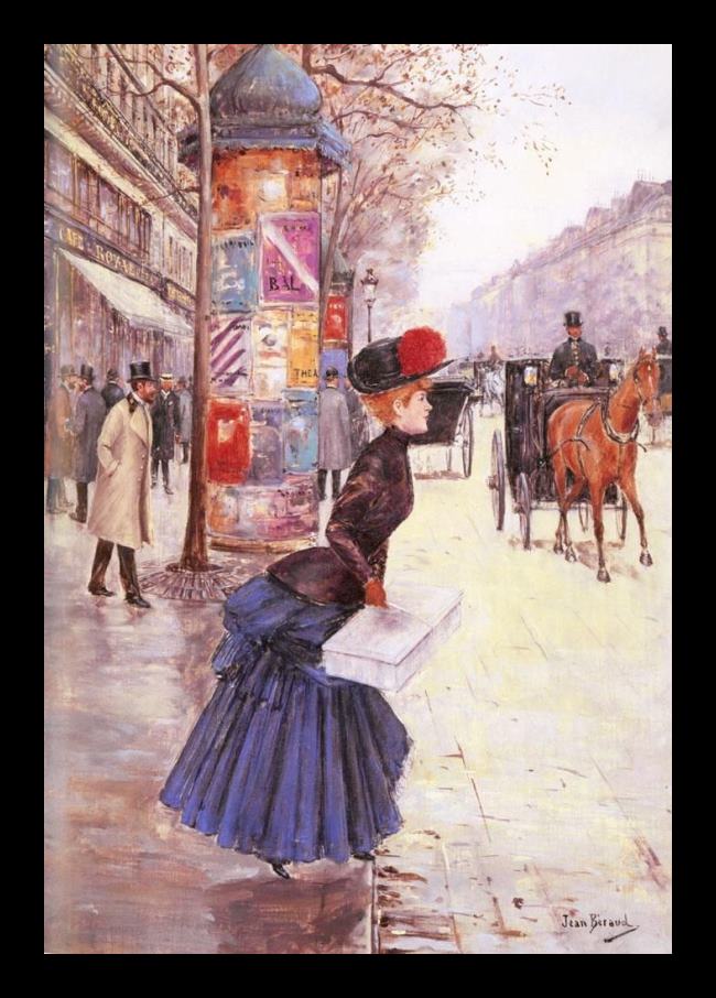 Framed Jean Beraud jeune femme traversant le boulevard painting