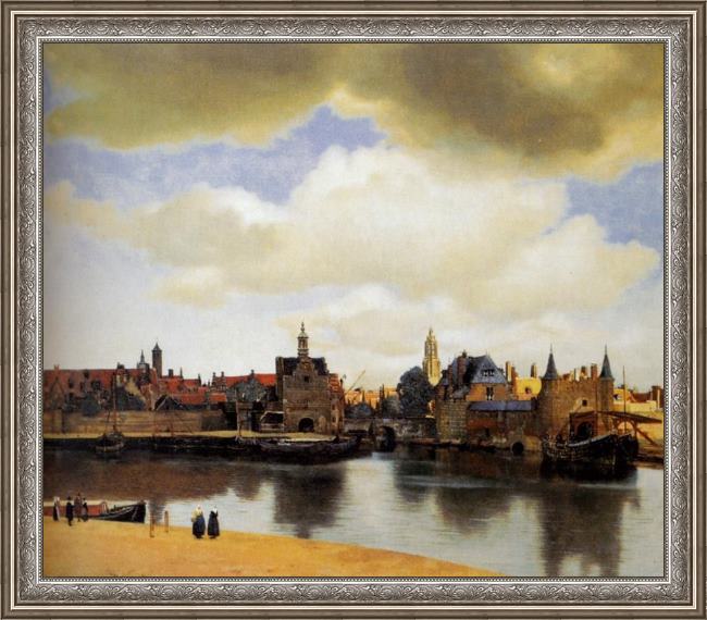 Framed Johannes Vermeer view of delft painting