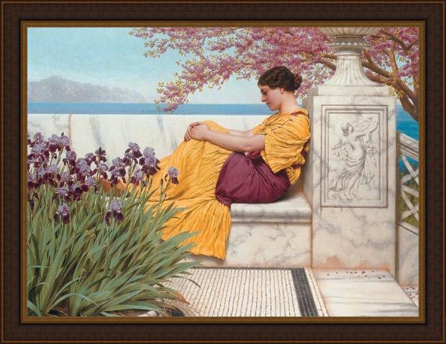 Framed John William Godward under the blossom that hangs on the bough painting