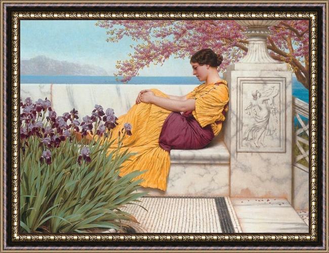 Framed John William Godward under the blossom that hangs on the bough painting