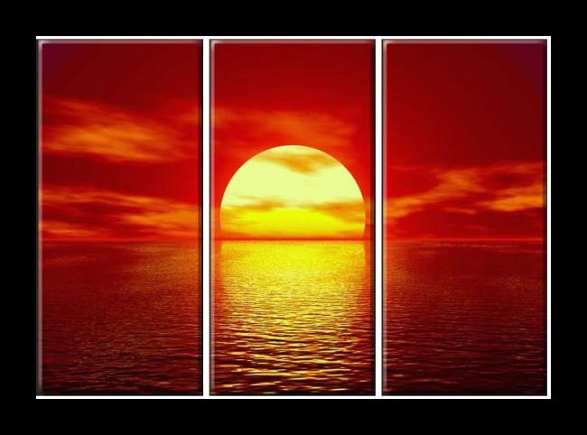 Framed landscape red sunset painting