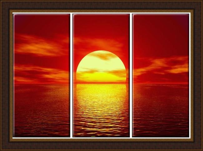 Framed landscape red sunset painting