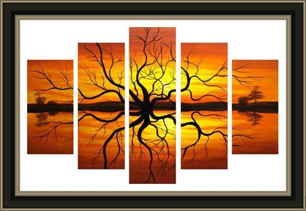 Framed landscape sunset reflection painting