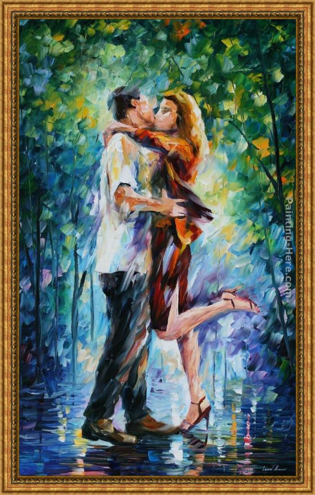 Framed Leonid Afremov rainy kiss painting