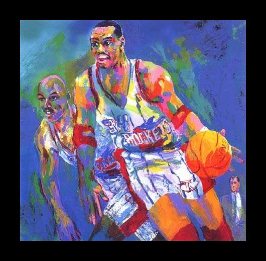 Framed Leroy Neiman hakeem olajuwon painting