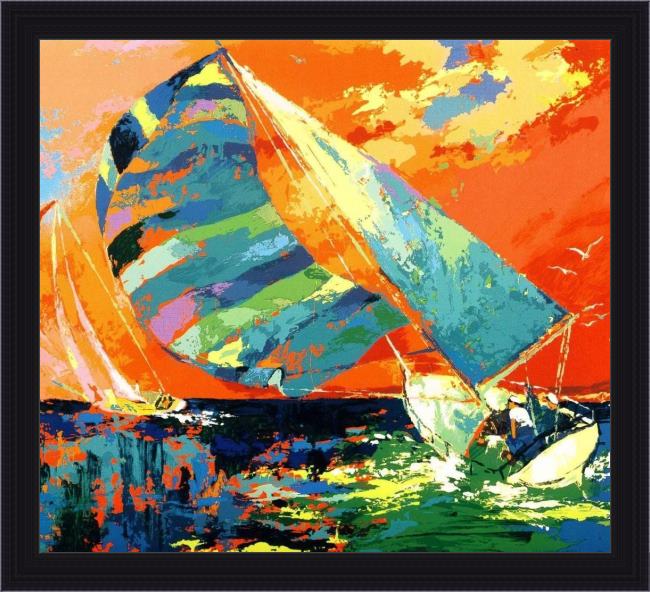 Framed Leroy Neiman orange sky sailing painting