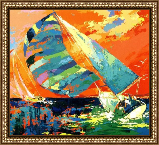 Framed Leroy Neiman orange sky sailing painting