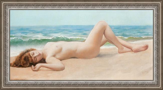 Framed Lord Frederick Leighton nude on the beach painting