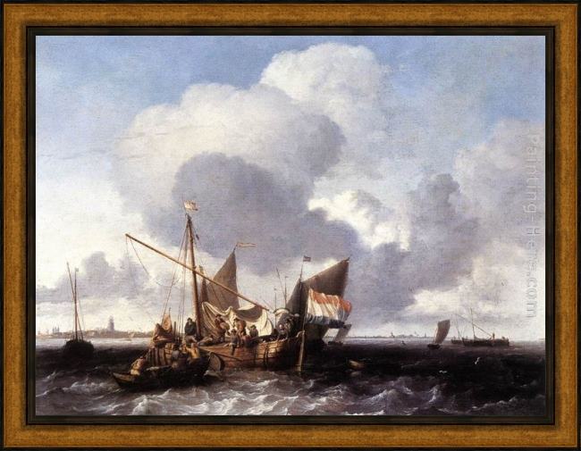 Framed Ludolf Backhuysen ships on the zuiderzee before the fort of naarden painting