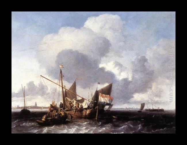 Framed Ludolf Backhuysen ships on the zuiderzee before the fort of naarden painting